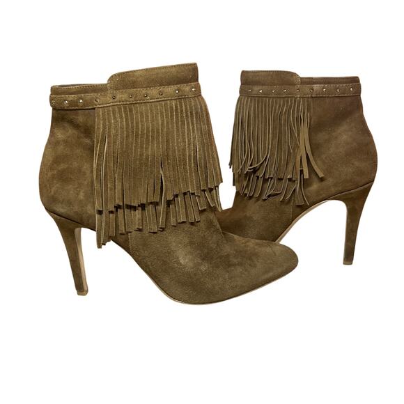 WHITE HOUSE BLACK MARKET Suede Fringe Brown Ankle Boots Sz 7 Stiletto Sassy Boho - Picture 3 of 12